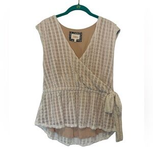 Anthropologie Deletta Textured White Peach Faux Wrap Blouse Size M Medium